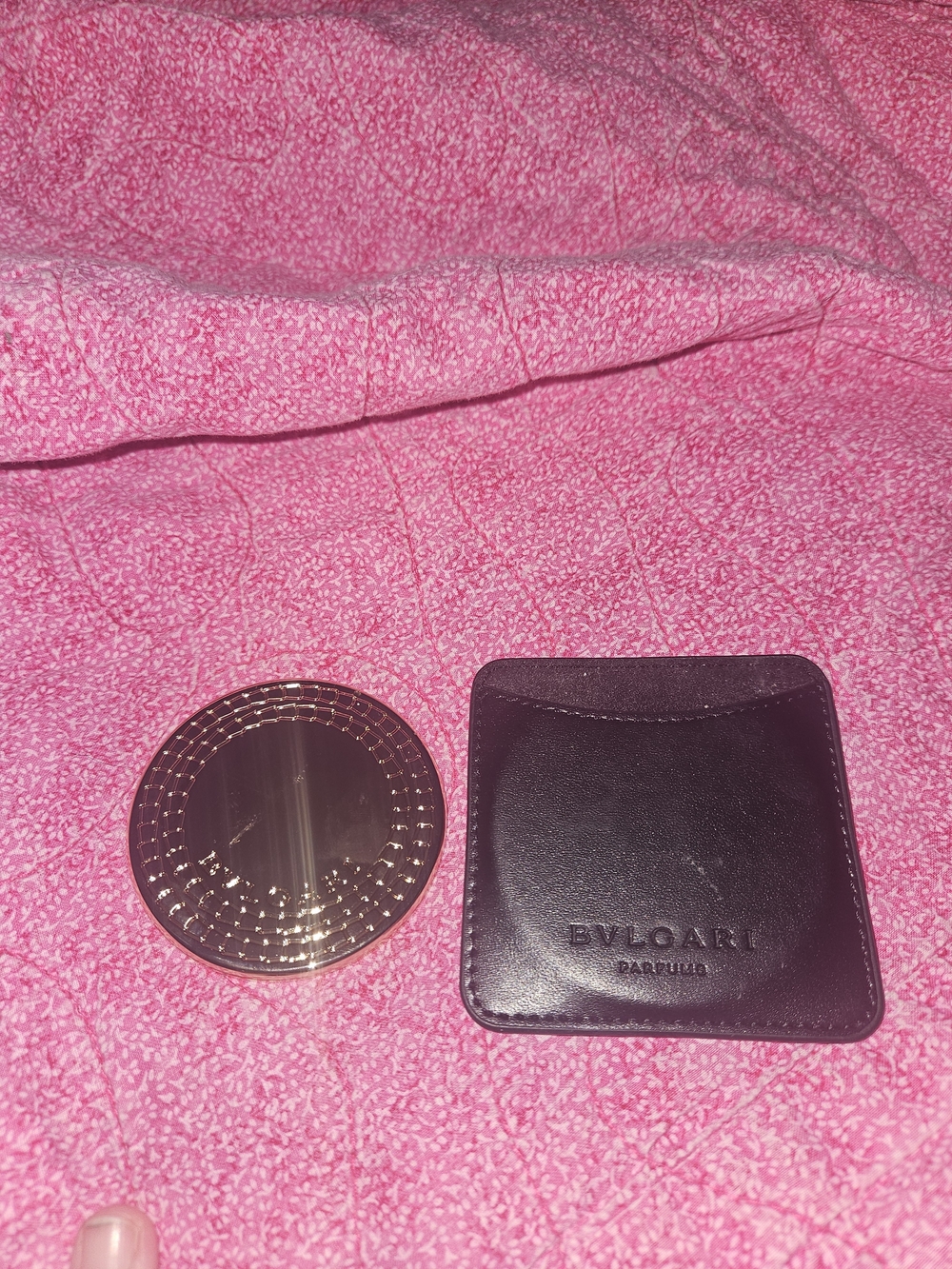 Bulgari Gold Compact Mirror With Black Leather Sleeve
